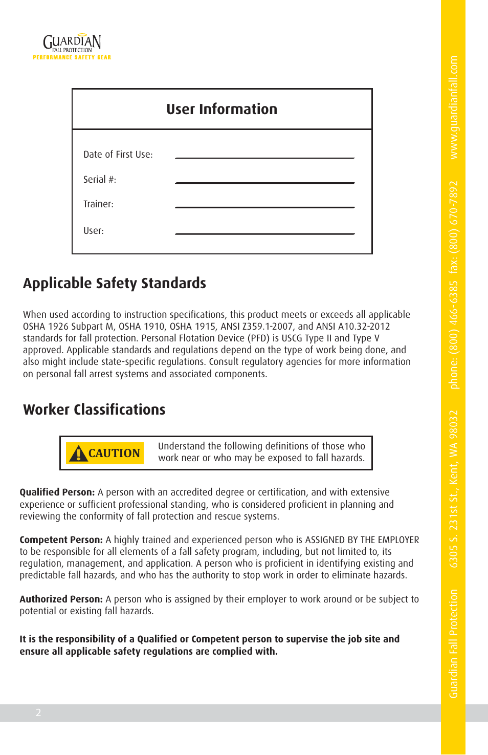 User information, Applicable safety standards, Worker classifications | Qualcraft Float Tux Harness User Manual | Page 4 / 16