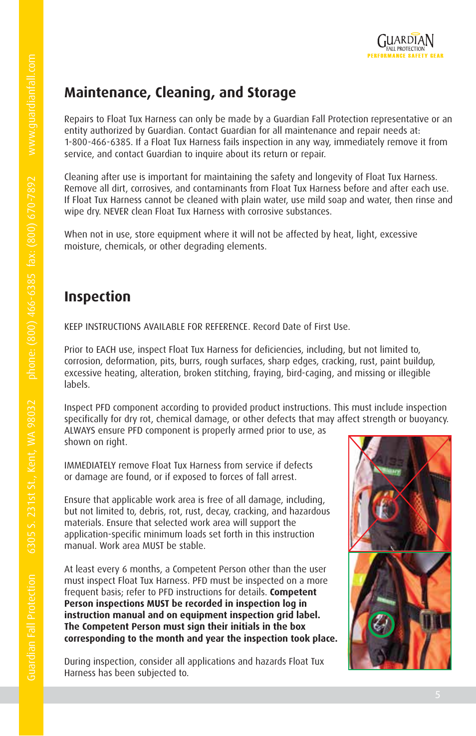Maintenance, cleaning, and storage, Inspection | Qualcraft Float Tux Harness User Manual | Page 7 / 16