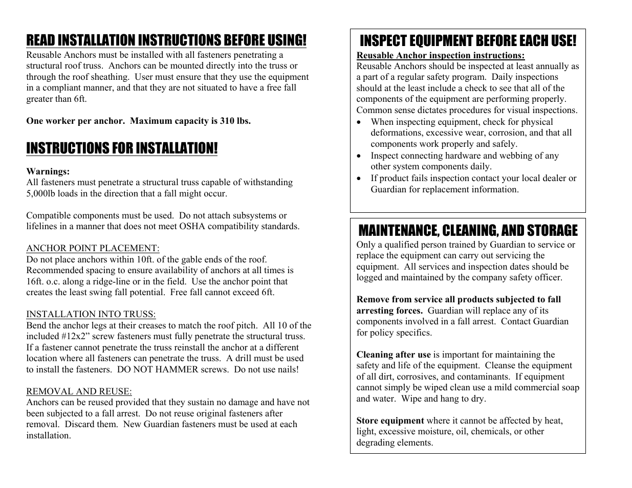 Inspect equipment before each use, Maintenance, cleaning, and storage, Read installation instructions before using | Instructions for installation | Qualcraft Stainless Steel Reusable Anchor User Manual | Page 2 / 2