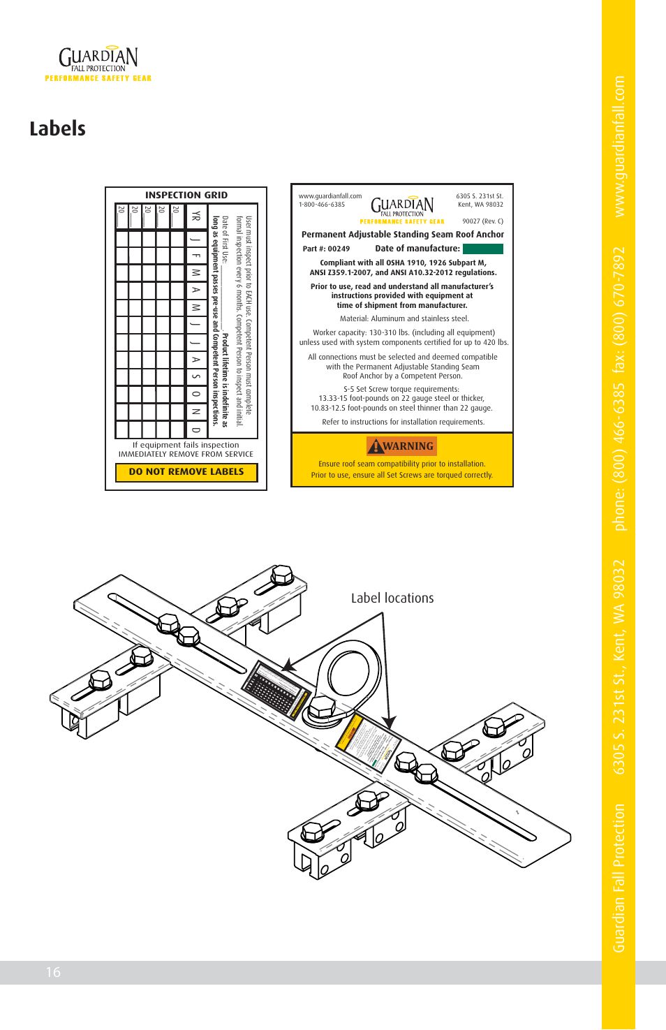 Labels, Label locations | Qualcraft Permanent Adjustable Standing Seam Roof Anchor User Manual | Page 18 / 20