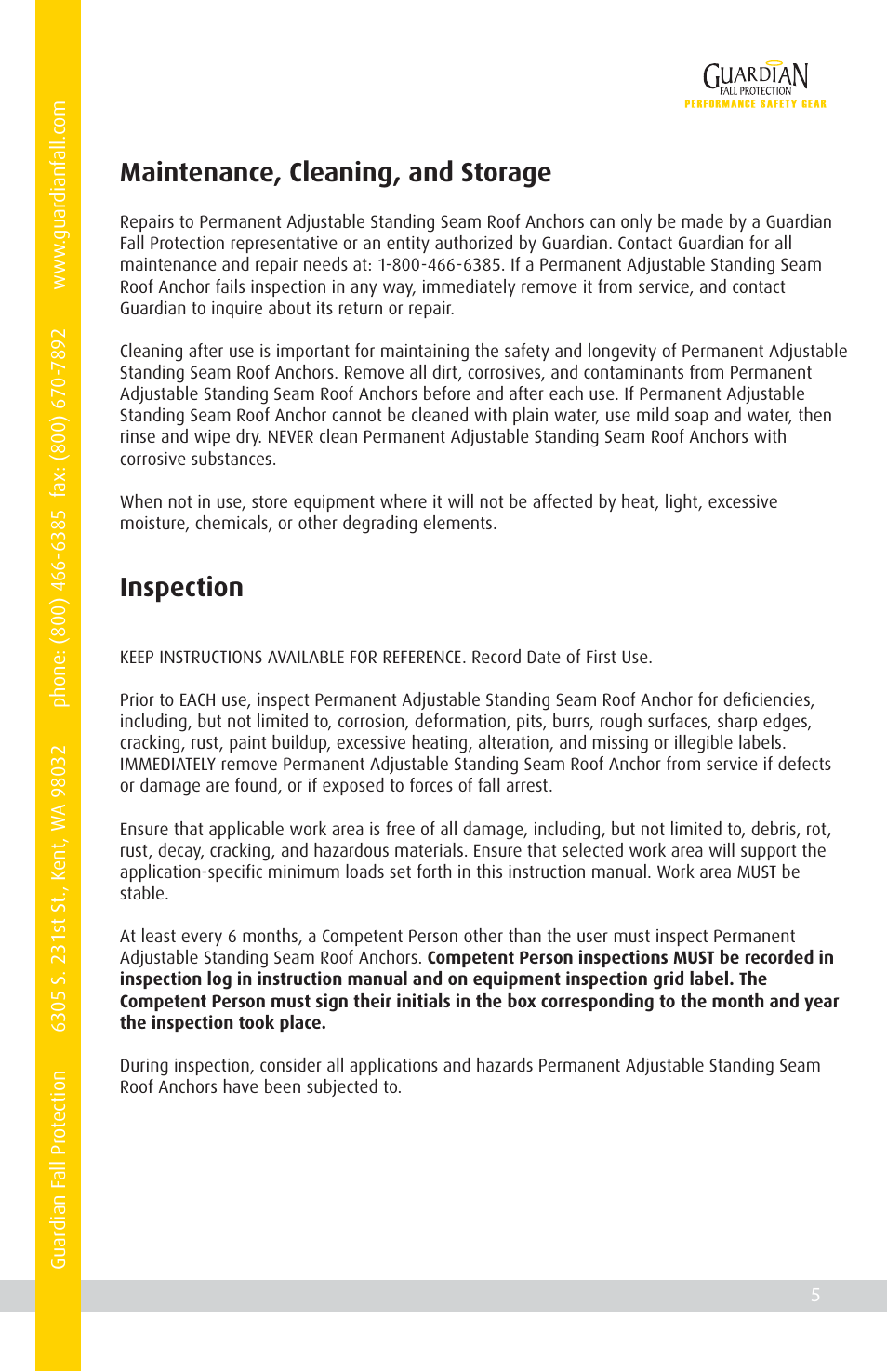 Maintenance, cleaning, and storage, Inspection | Qualcraft Permanent Adjustable Standing Seam Roof Anchor User Manual | Page 7 / 20