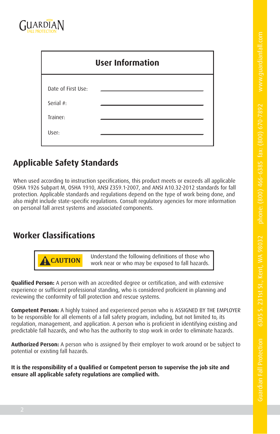 User information, Applicable safety standards, Worker classifications | Qualcraft Armadillo User Manual | Page 4 / 16
