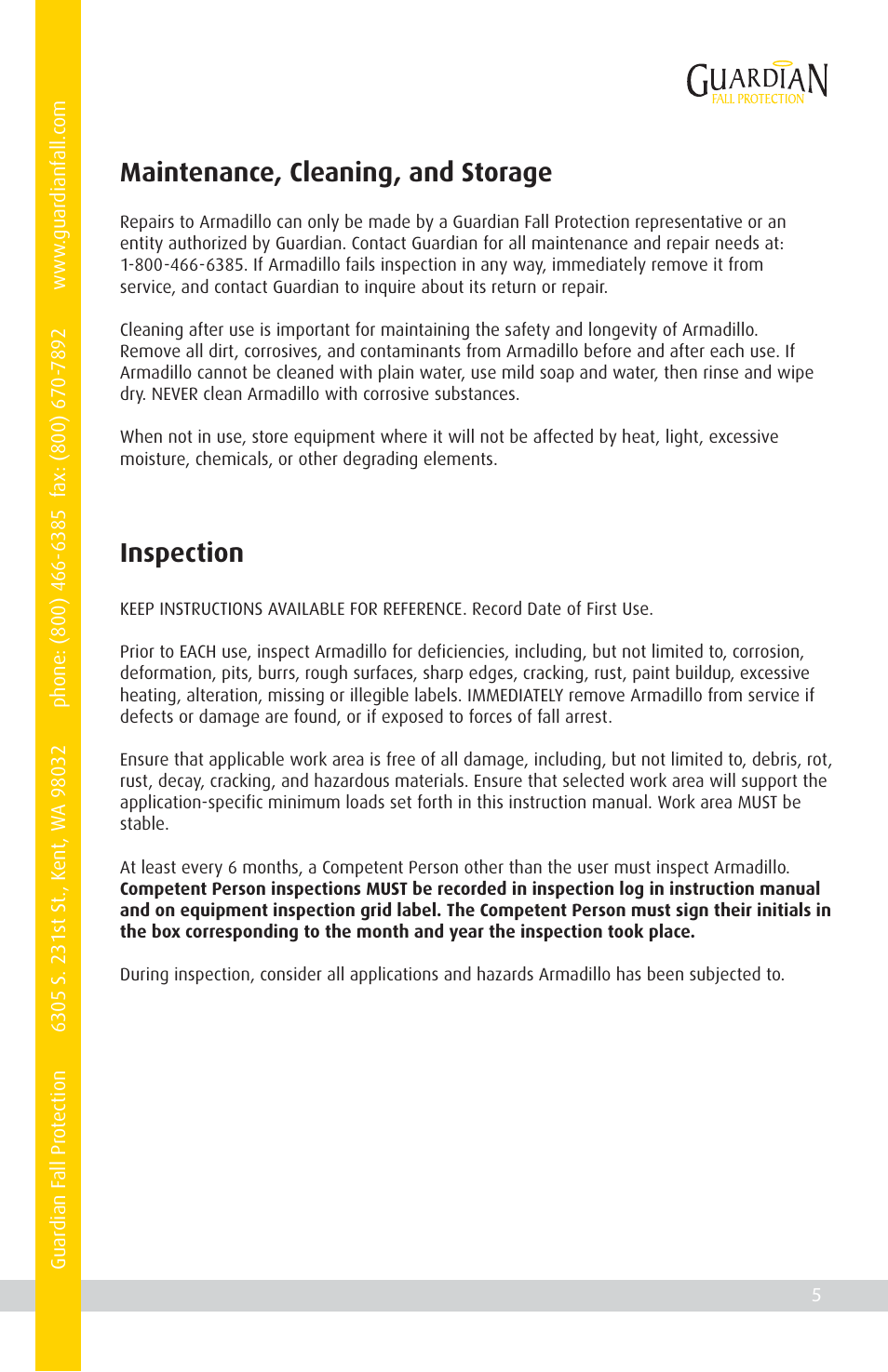 Maintenance, cleaning, and storage, Inspection | Qualcraft Armadillo User Manual | Page 7 / 16