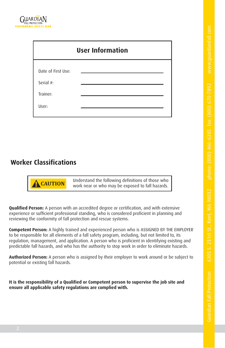 User information, Worker classifications | Qualcraft The Rack User Manual | Page 4 / 16