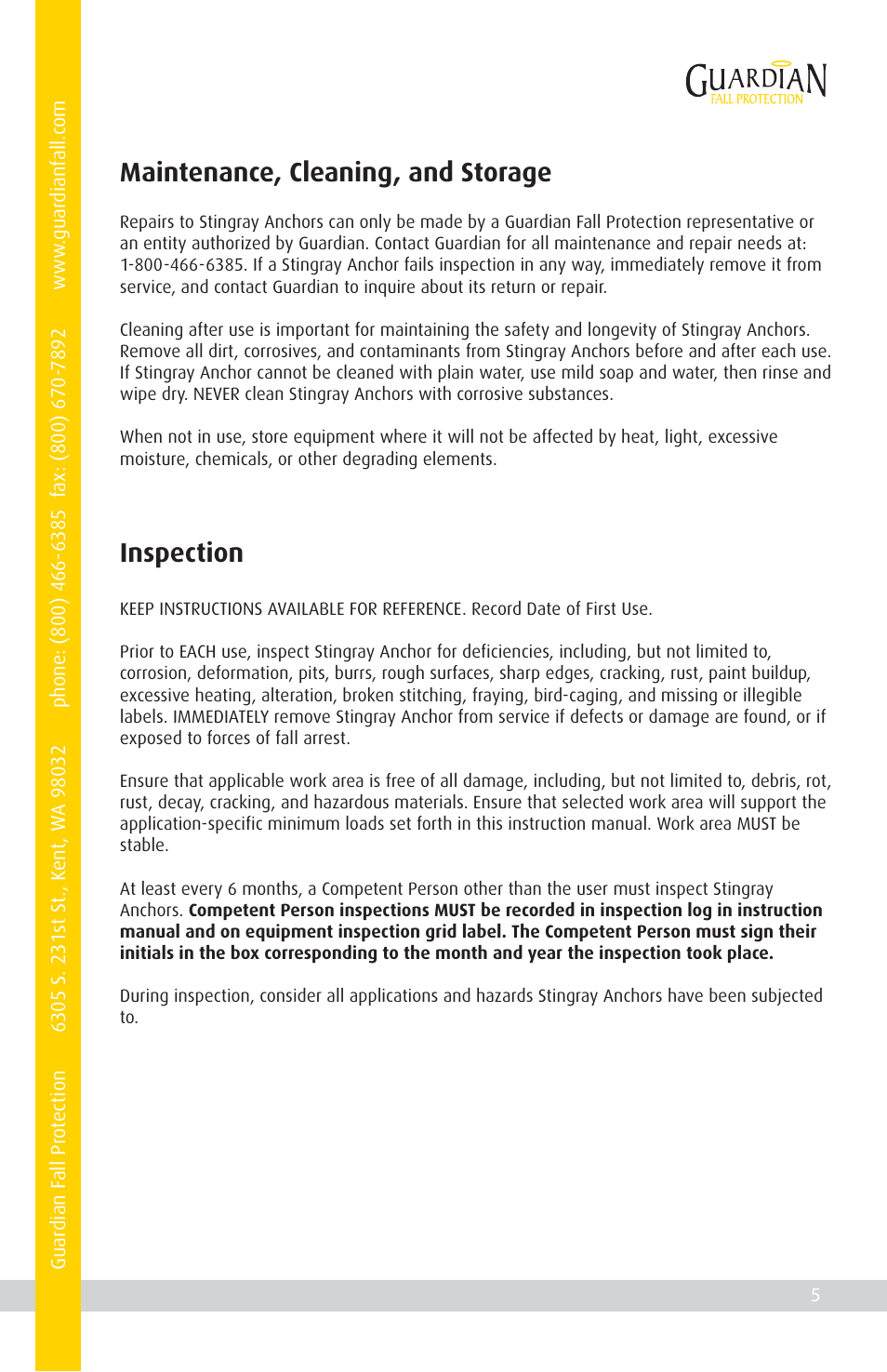 Maintenance, cleaning, and storage, Inspection | Qualcraft Stingray Anchor User Manual | Page 7 / 20