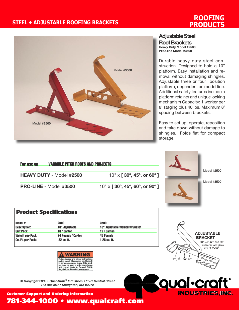 Qualcraft Adjustable Steel Roof Bracket User Manual | 2 pages