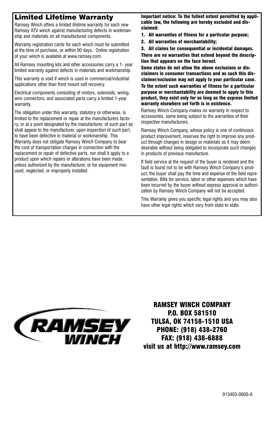 Limited lifetime warranty | Ramsey Winch ATV REPLACEMENT MINI ROCKER SWITCH 256128 User Manual | Page 8 / 8