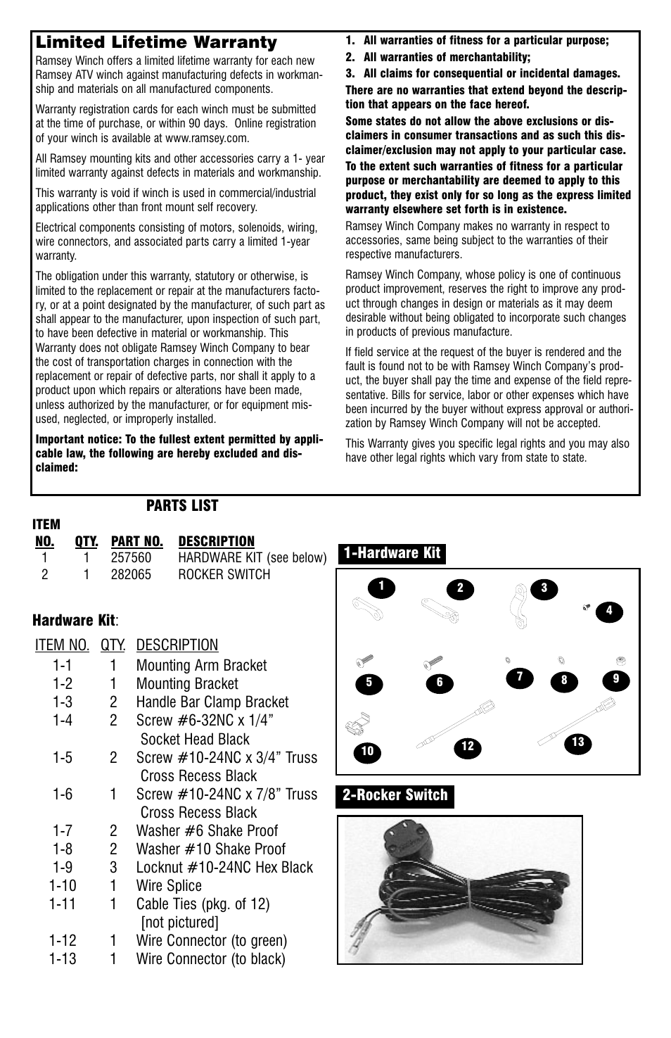 Limited lifetime warranty | Ramsey Winch ATV REPLACEMENT MINI ROCKER SWITCH FOR WIRELESS 256129 User Manual | Page 4 / 4