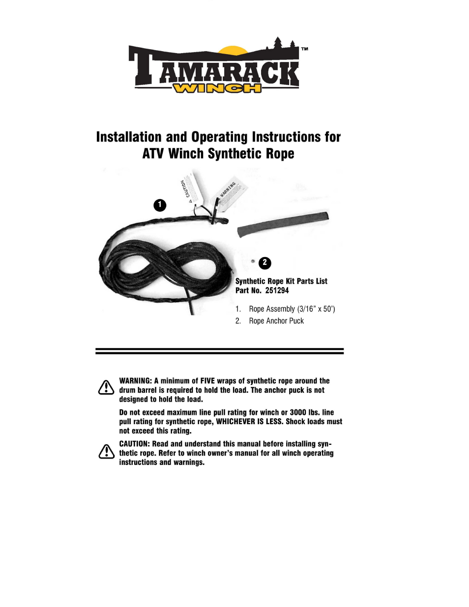 Ramsey Winch ATV SYNTHETIC ROPE KIT, LESS HOOK TAMARACK 251294 User Manual | 4 pages