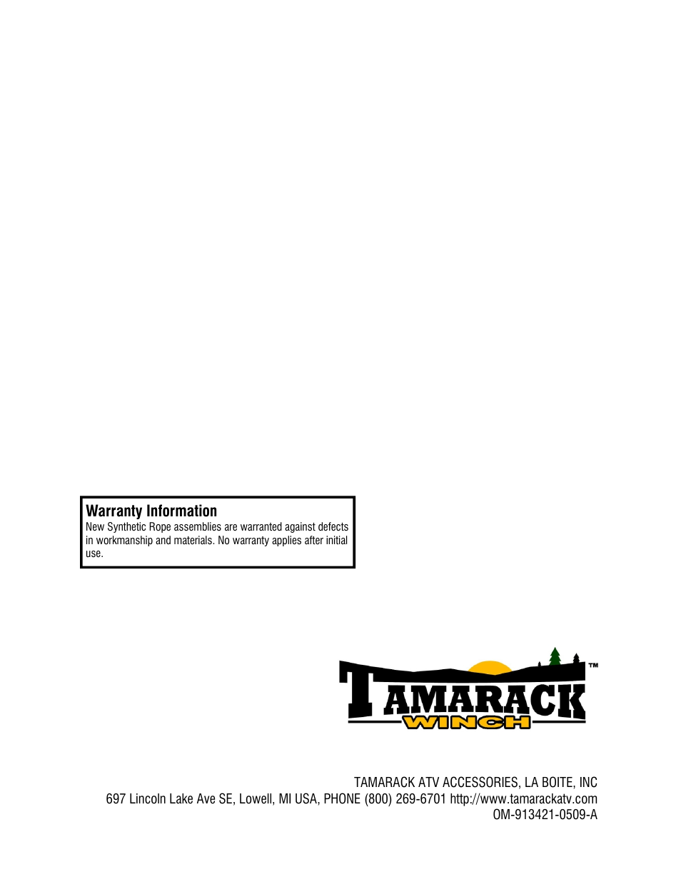 Warranty information | Ramsey Winch ATV SYNTHETIC ROPE KIT, LESS HOOK TAMARACK 251294 User Manual | Page 4 / 4