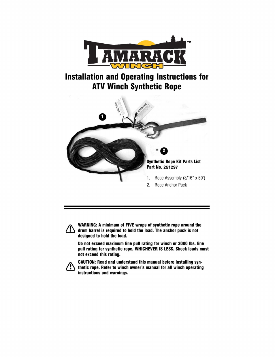 Ramsey Winch ATV SYNTHETIC ROPE KIT, TAMARACK 251297 User Manual | 4 pages