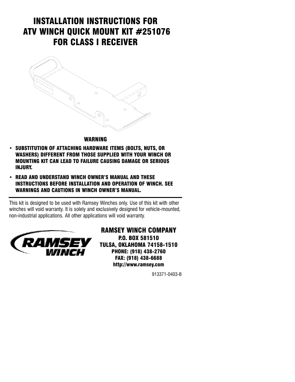 Ramsey Winch ATV WINCH QUICK MOUNT KIT 251076 User Manual | 4 pages