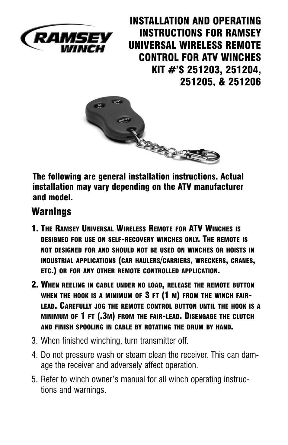 Ramsey Winch ATV UNIVERSAL WIRELESS REMOTE FOR ATV WINCHES User Manual | 24 pages