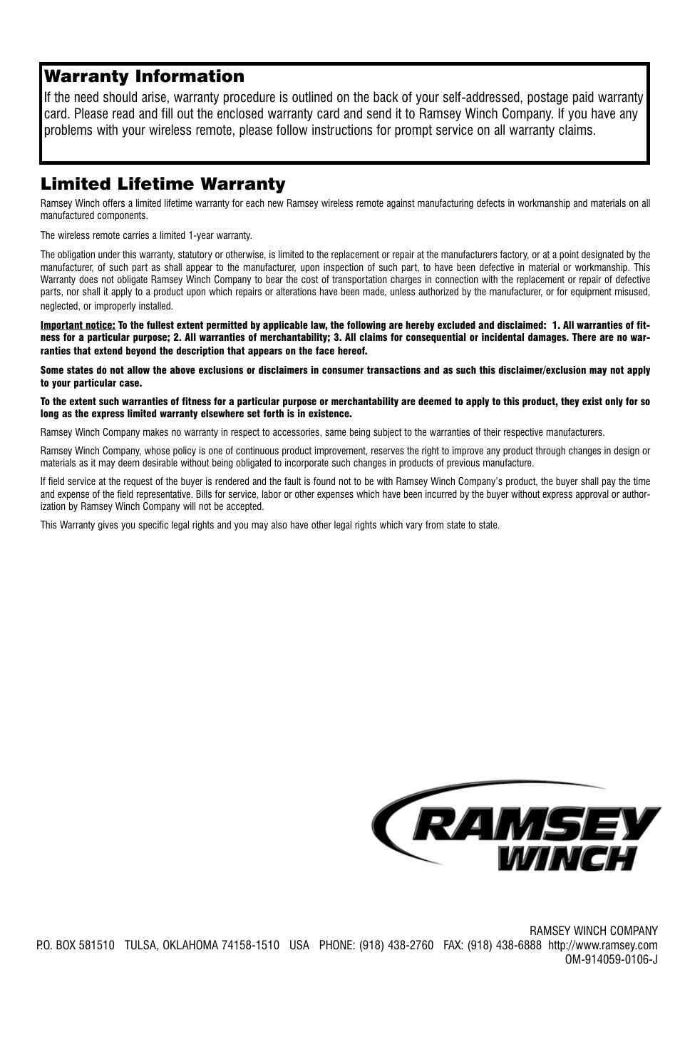 Warranty information, Limited lifetime warranty | Ramsey Winch ATV UNIVERSAL WIRELESS REMOTE FOR ATV WINCHES User Manual | Page 24 / 24