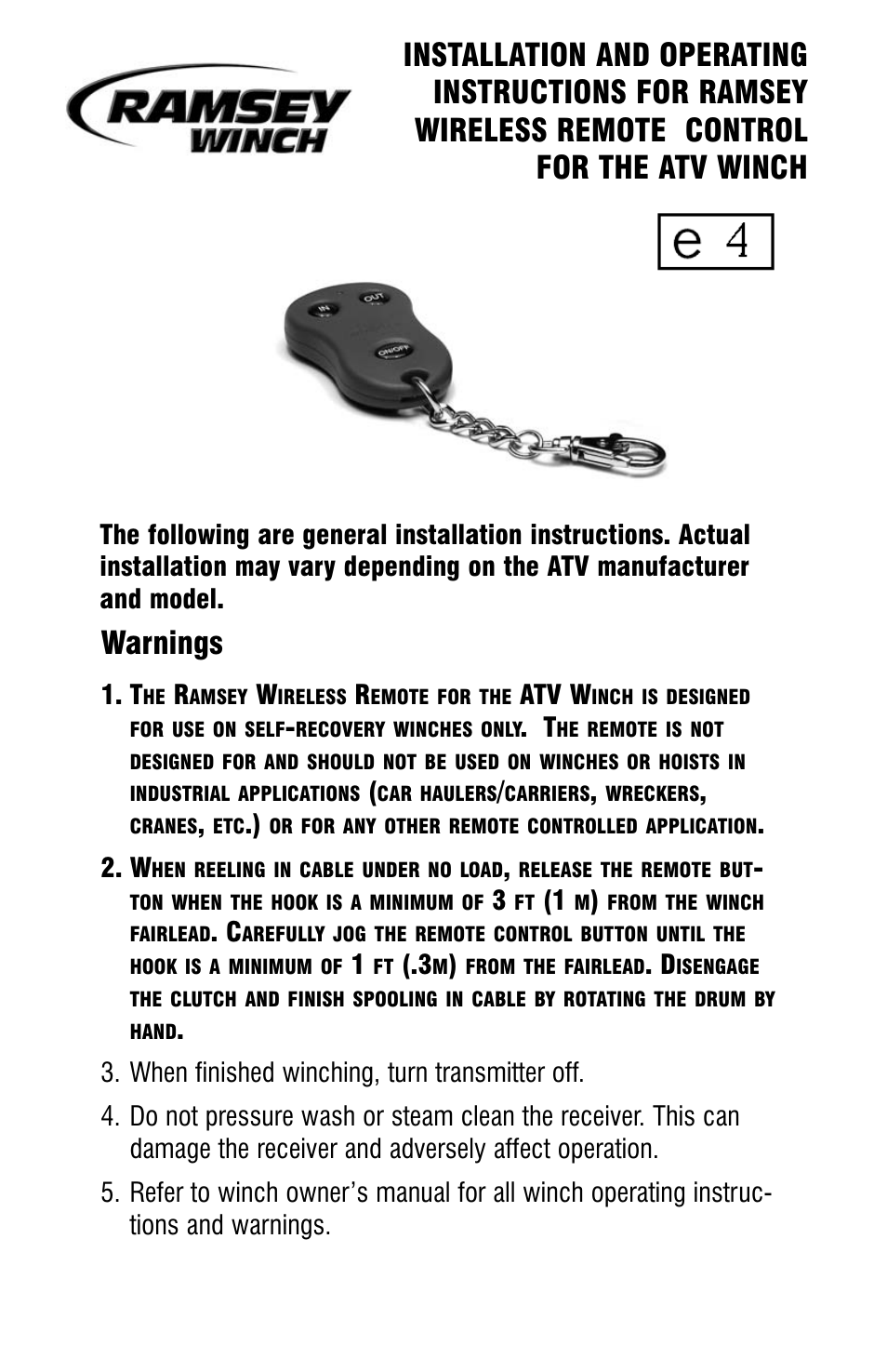 Ramsey Winch ATV WIRELESS REMOTE FOR ATV User Manual | 12 pages