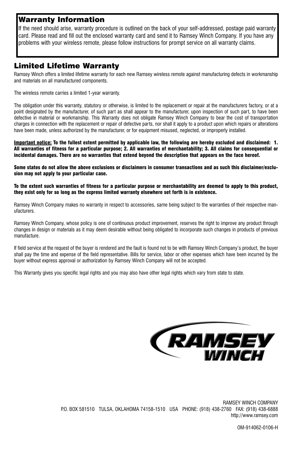 Warranty information, Limited lifetime warranty | Ramsey Winch ATV WIRELESS REMOTE FOR ATV User Manual | Page 12 / 12