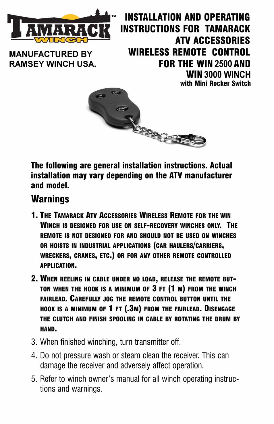 Ramsey Winch ATV WIRELESS REMOTE FOR ATV TAMARACK User Manual | 12 pages