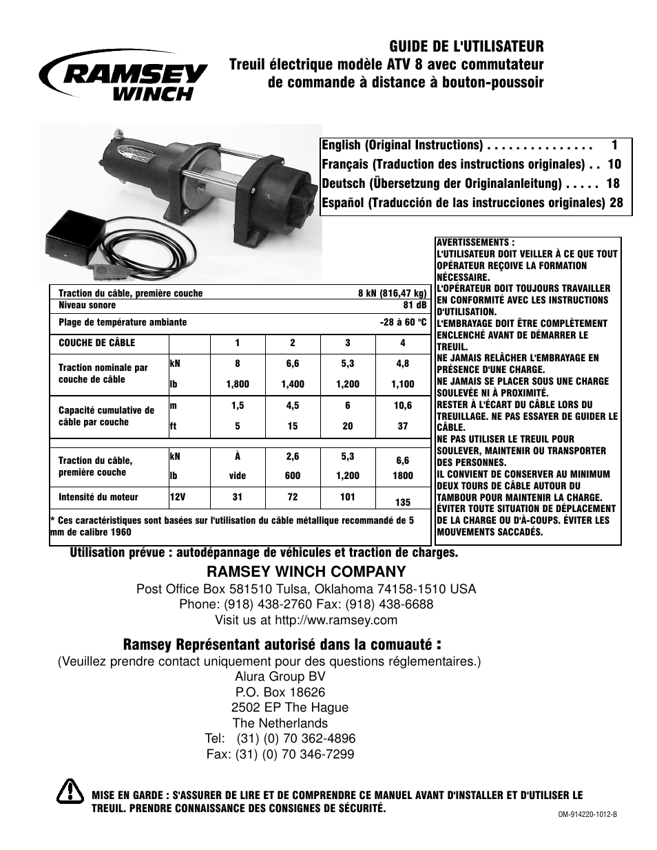 Ramsey winch company, Ramsey représentant autorisé dans la comuauté | Ramsey Winch ATV 8 WITH REMOTE User Manual | Page 10 / 36