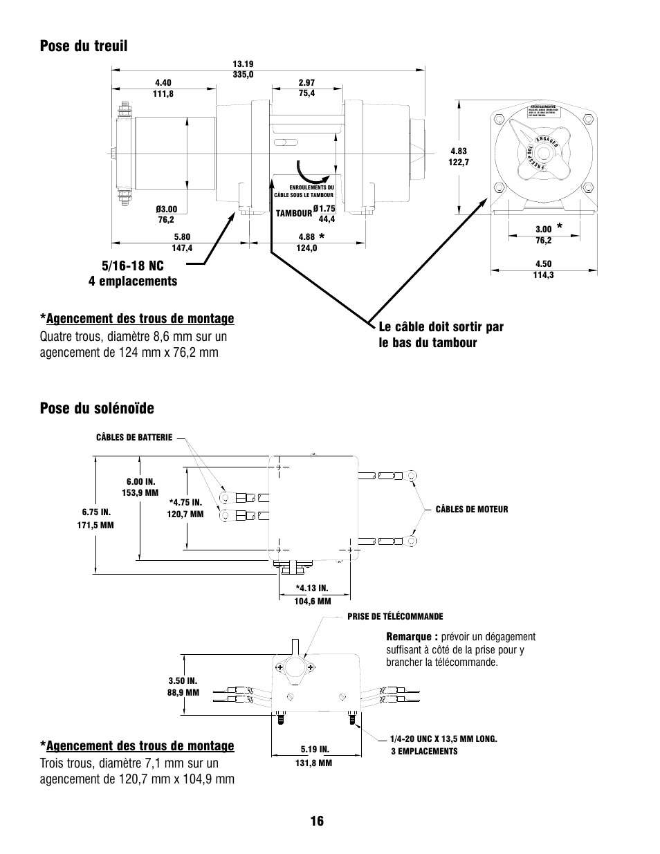 Pose du treuil pose du solénoïde, Le câble doit sortir par le bas du tambour | Ramsey Winch ATV 8 WITH REMOTE User Manual | Page 16 / 36