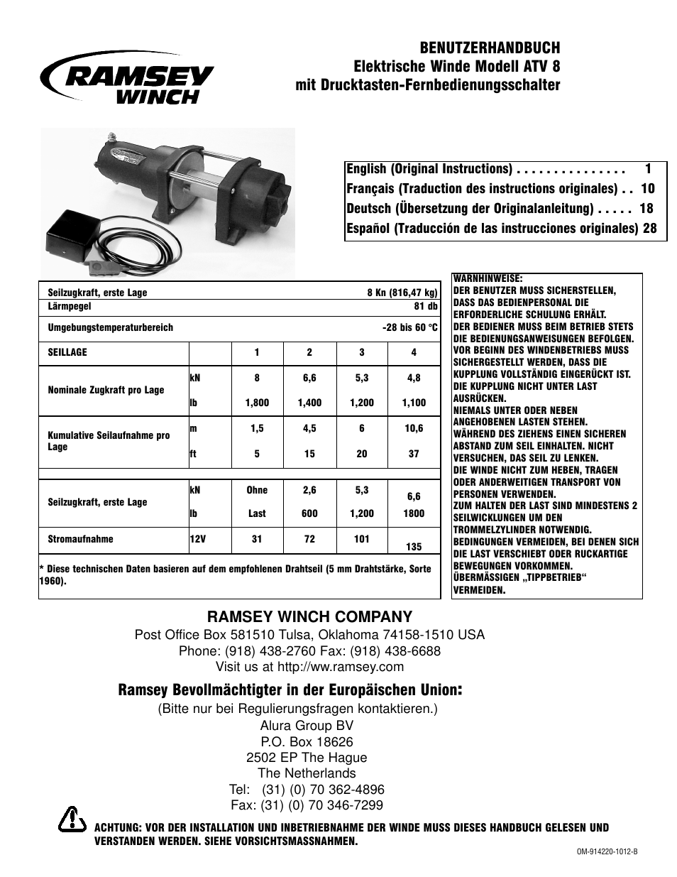 Ramsey winch company, Ramsey bevollmächtigter in der europäischen union | Ramsey Winch ATV 8 WITH REMOTE User Manual | Page 19 / 36