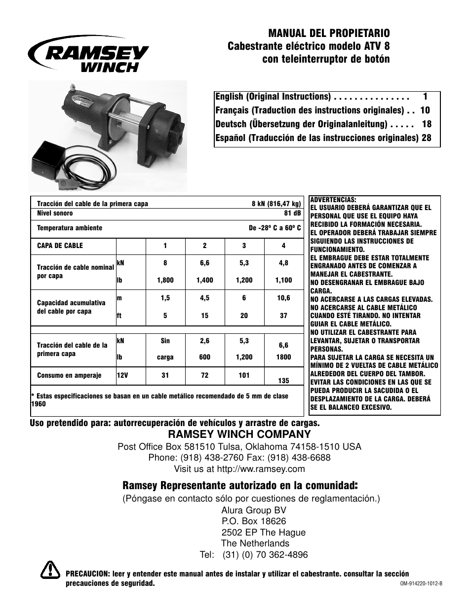 Ramsey winch company, Ramsey representante autorizado en la comunidad | Ramsey Winch ATV 8 WITH REMOTE User Manual | Page 28 / 36