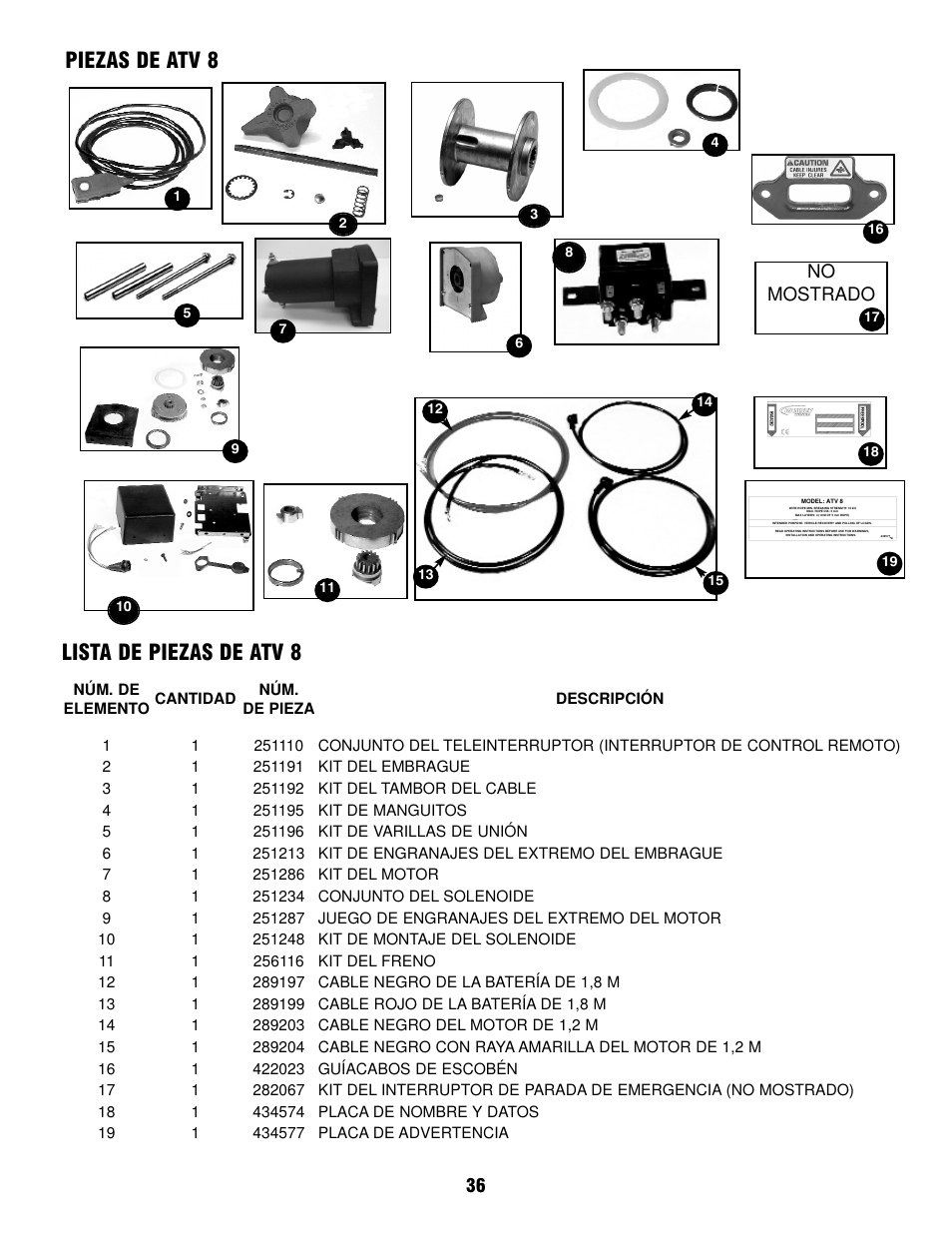 Piezas de atv 8 lista de piezas de atv 8, No mostrado | Ramsey Winch ATV 8 WITH REMOTE User Manual | Page 36 / 36