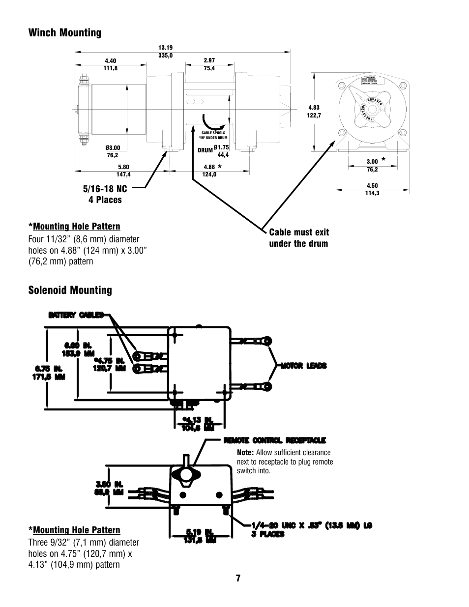 Winch mounting solenoid mounting, Cable must exit under the drum | Ramsey Winch ATV 8 WITH REMOTE User Manual | Page 7 / 36