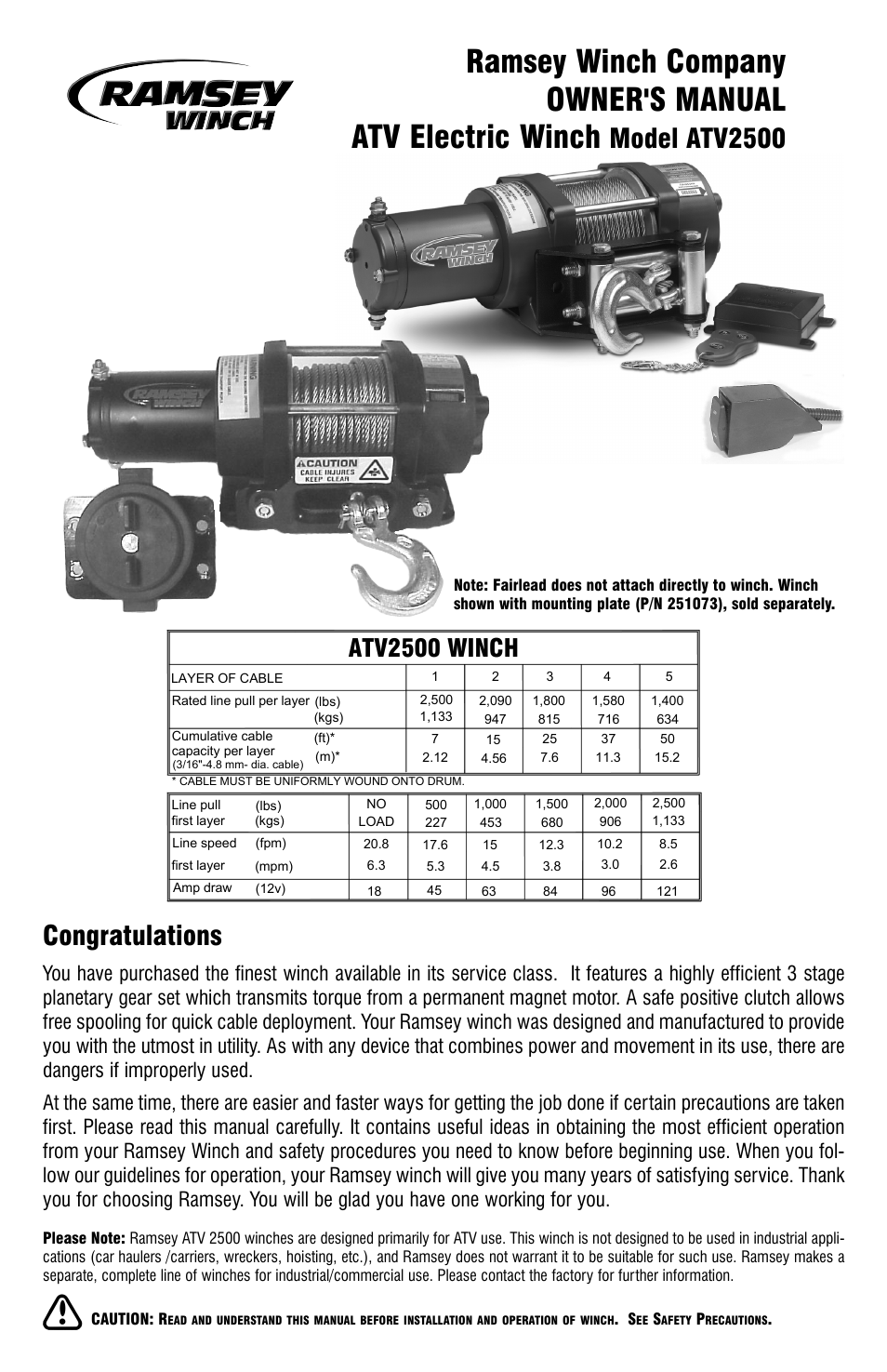 Ramsey Winch ATV-2500 User Manual | 24 pages