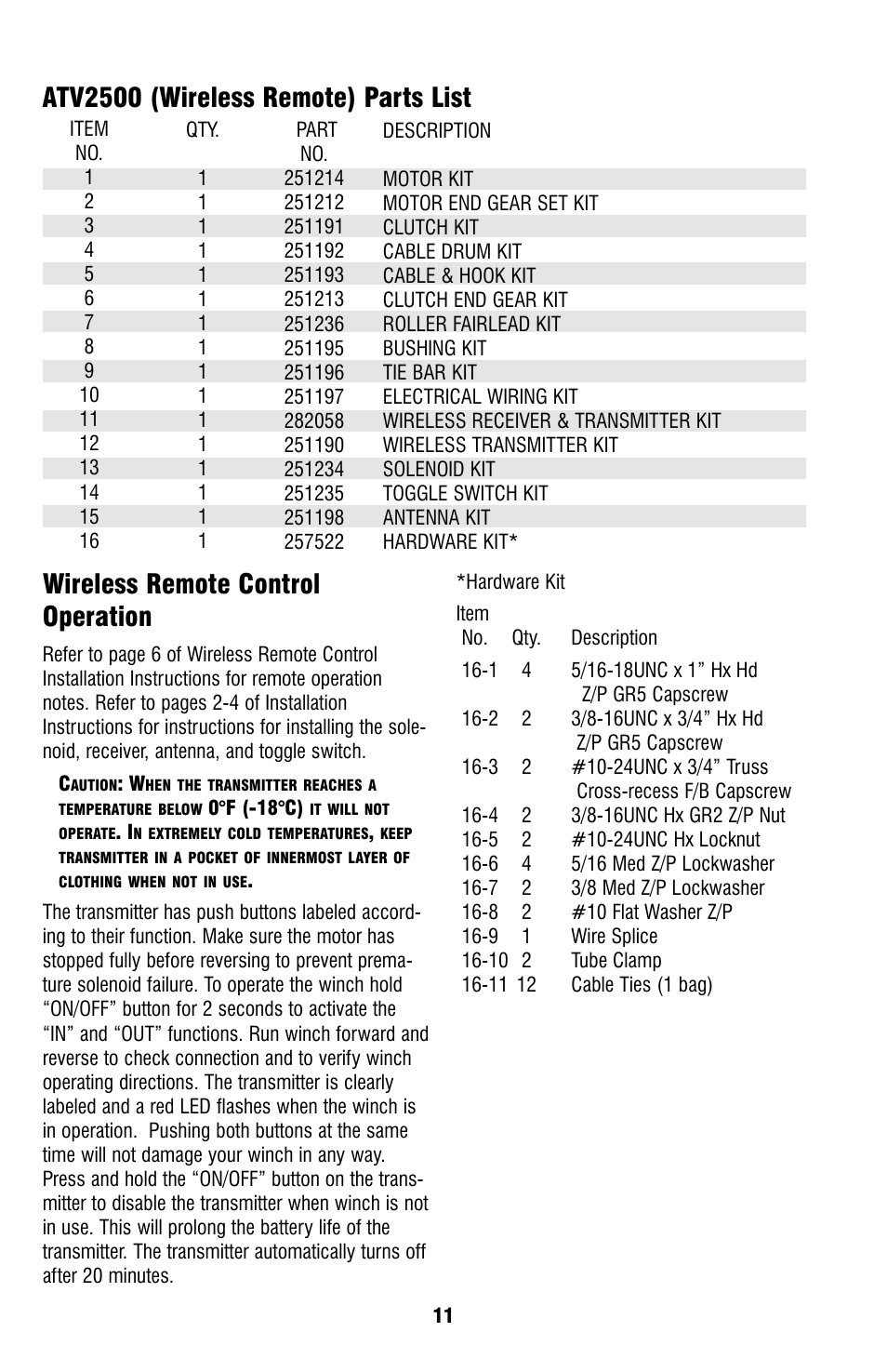 Atv2500 (wireless remote) parts list, Wireless remote control operation | Ramsey Winch ATV-2500 User Manual | Page 11 / 24