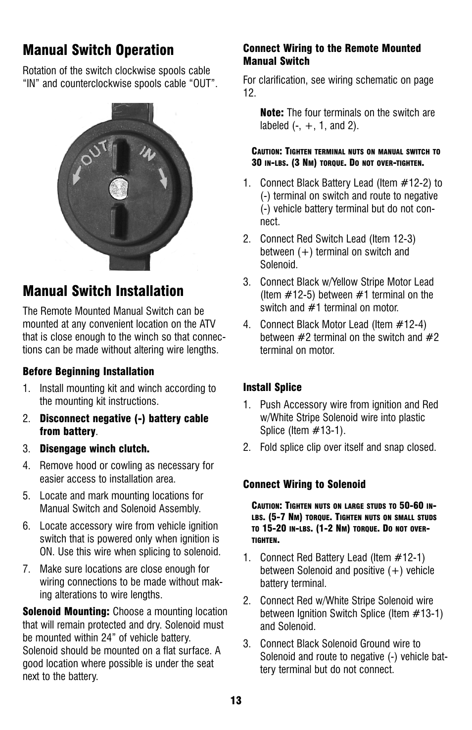 Manual switch operation, Manual switch installation | Ramsey Winch ATV-2500 User Manual | Page 13 / 24