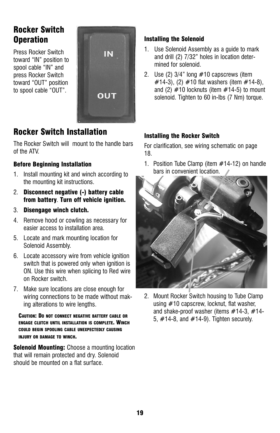 Rocker switch operation, Rocker switch installation | Ramsey Winch ATV-2500 User Manual | Page 19 / 24