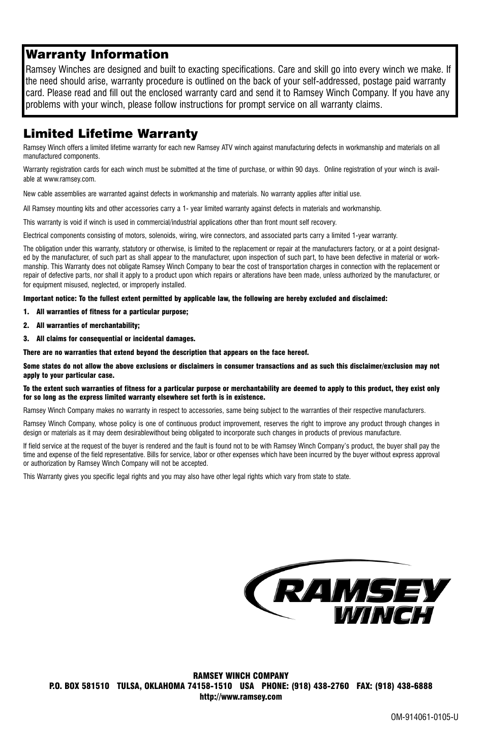 Warranty information, Limited lifetime warranty | Ramsey Winch ATV-2500 User Manual | Page 24 / 24