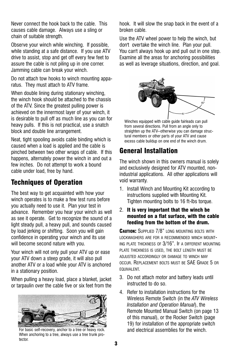 Techniques of operation, General installation | Ramsey Winch ATV-2500 User Manual | Page 3 / 24