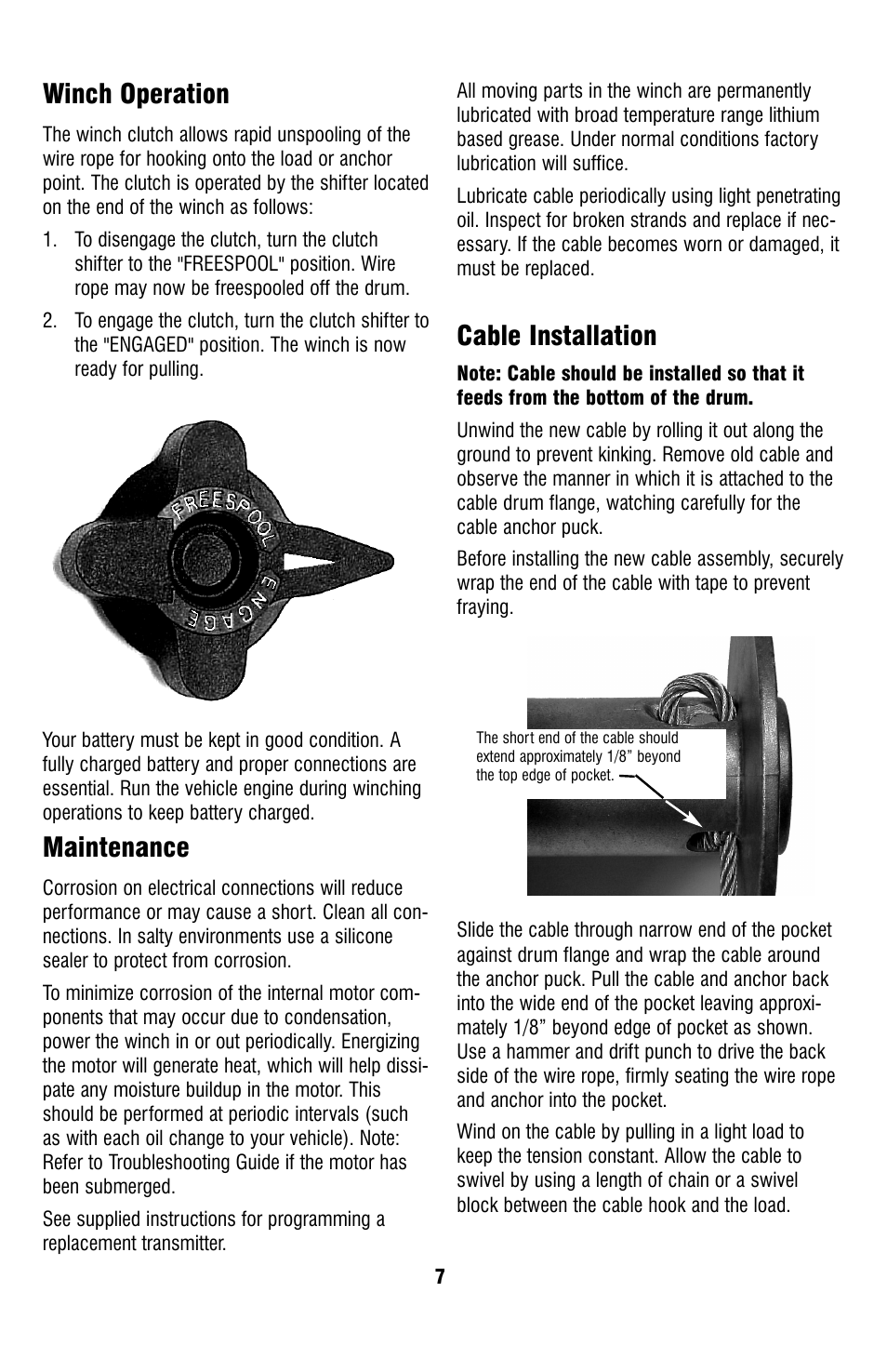 Winch operation, Maintenance, Cable installation | Ramsey Winch ATV-2500 User Manual | Page 7 / 24