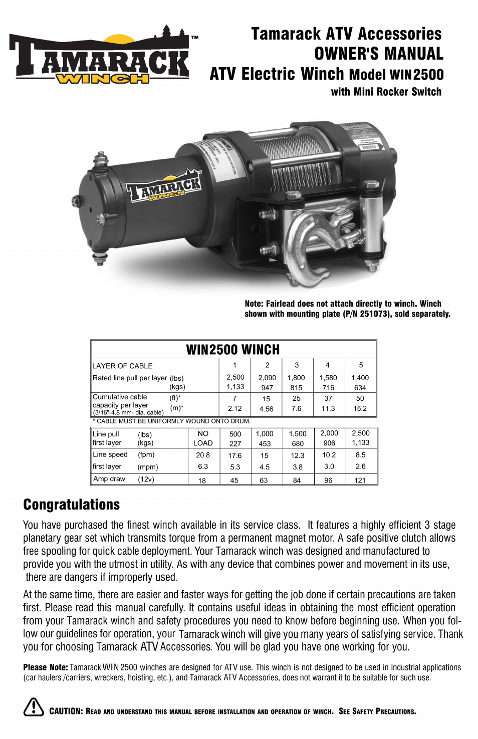 Ramsey Winch ATV-2500 TAMARACK W_MINI ROCKER SWITCH User Manual | 16 pages