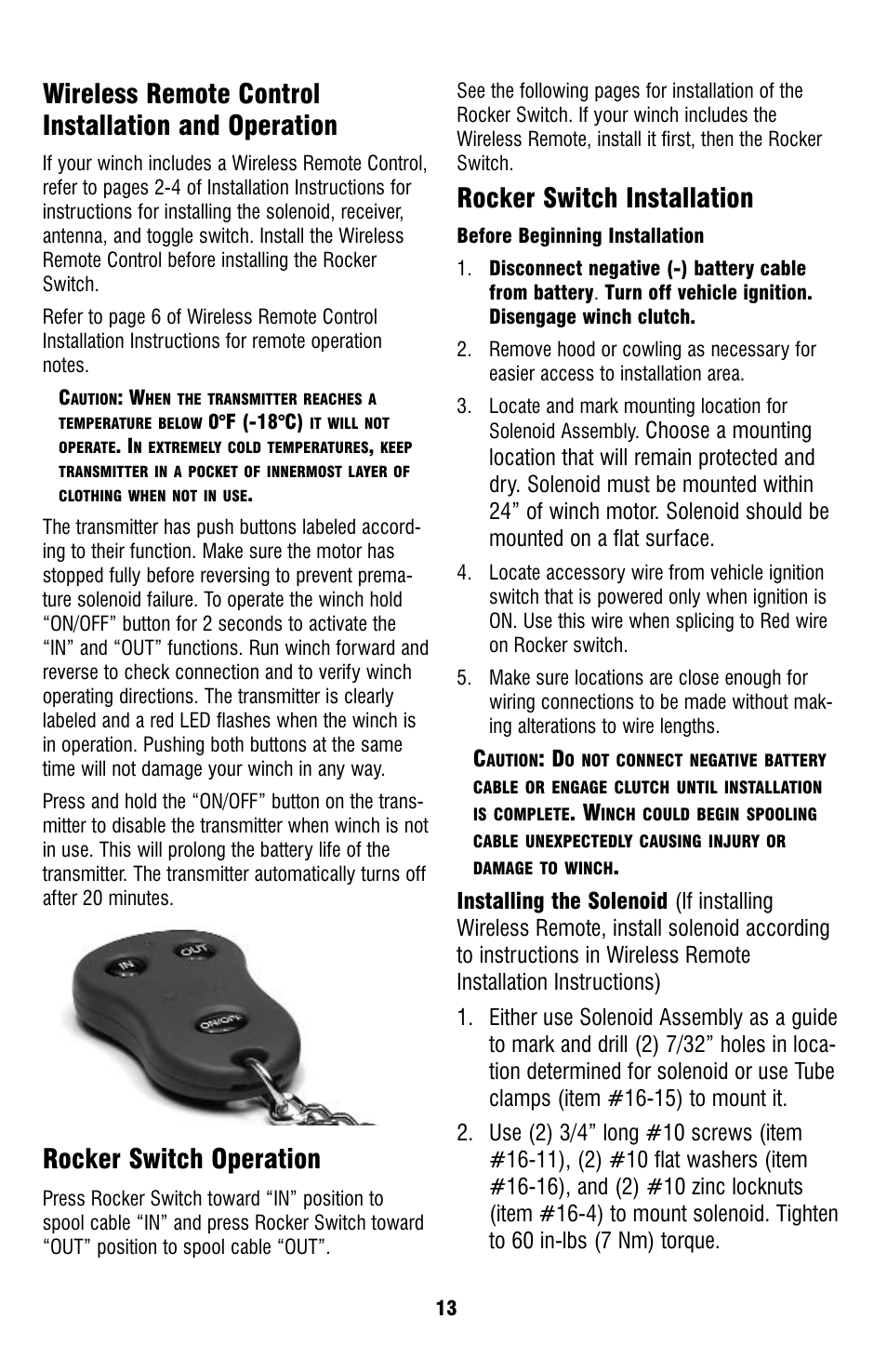 Wireless remote control installation and operation, Rocker switch operation, Rocker switch installation | Ramsey Winch ATV-2500 TAMARACK W_MINI ROCKER SWITCH User Manual | Page 13 / 16