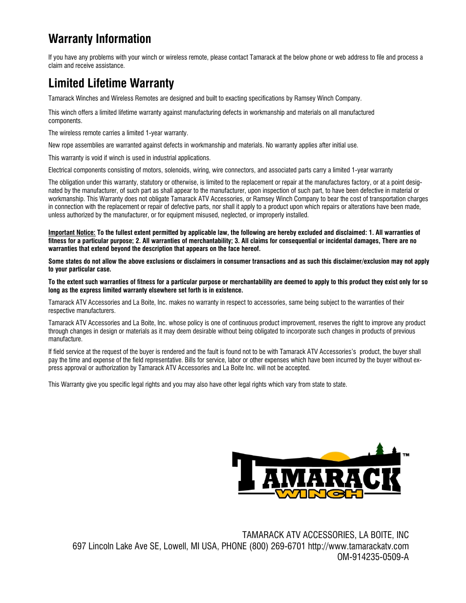 Warranty information, Limited lifetime warranty | Ramsey Winch ATV-2500 TAMARACK W_MINI ROCKER SWITCH User Manual | Page 16 / 16