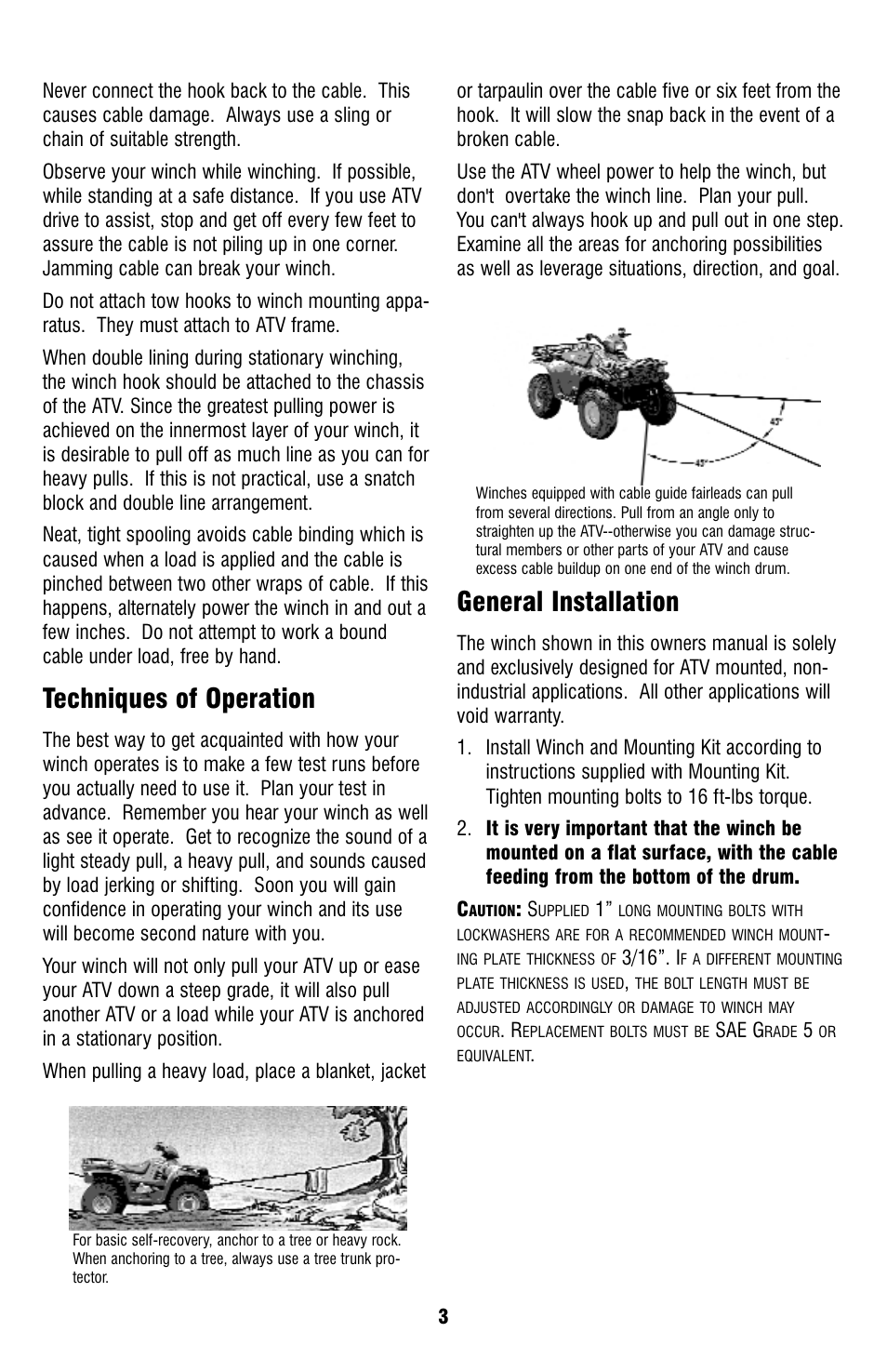 Techniques of operation, General installation | Ramsey Winch ATV-2500 TAMARACK W_MINI ROCKER SWITCH User Manual | Page 3 / 16