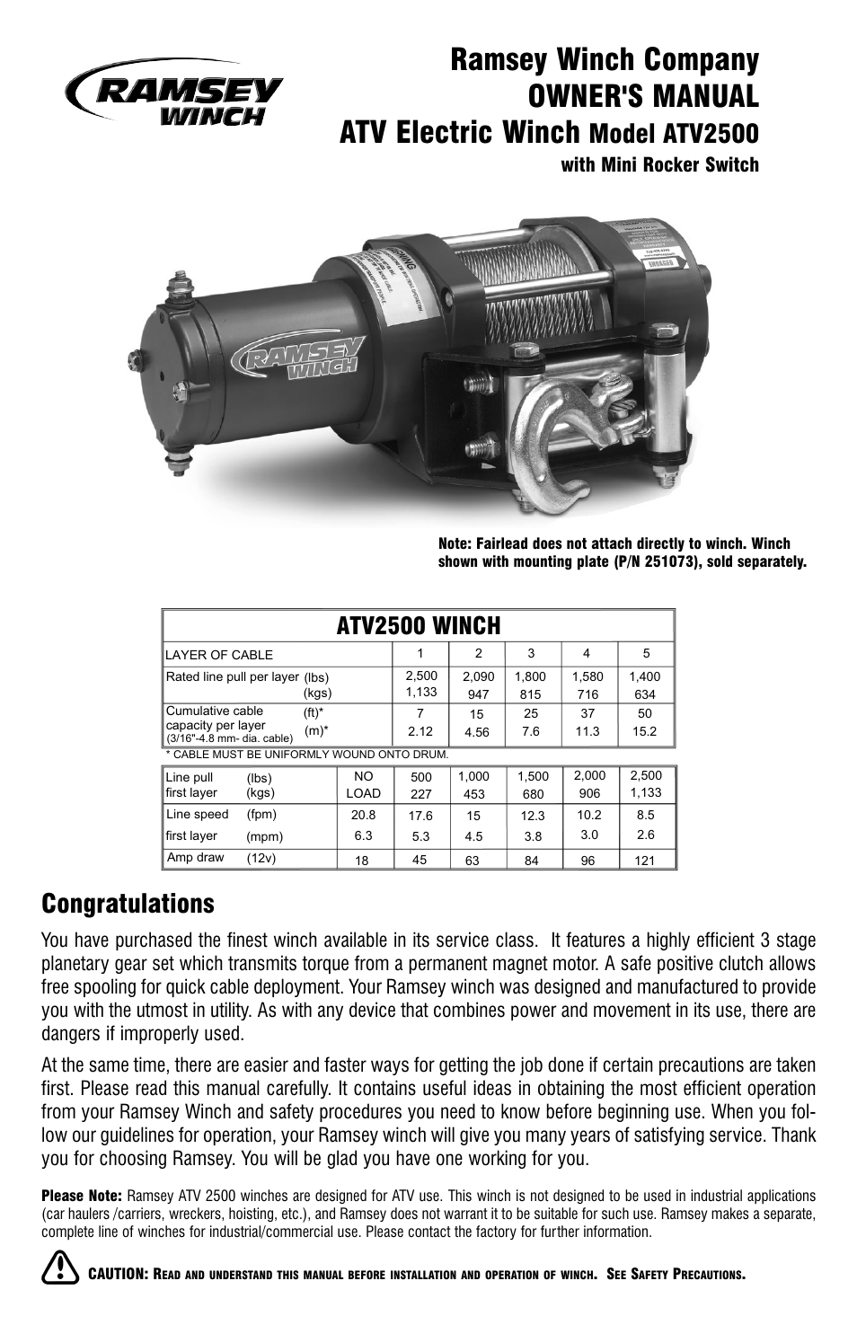 Ramsey Winch ATV-2500 W_MINI ROCKER SWITCH User Manual | 16 pages