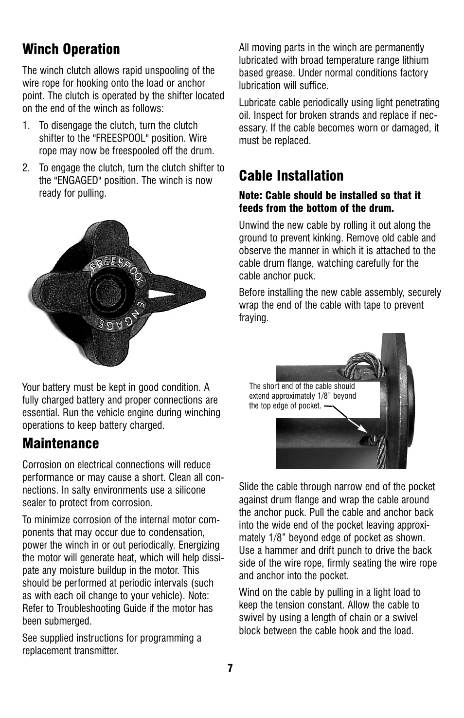 Winch operation, Maintenance, Cable installation | Ramsey Winch ATV-2500 W_MINI ROCKER SWITCH User Manual | Page 7 / 16