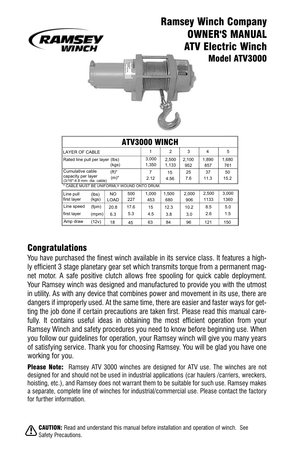 Ramsey Winch ATV-3000 User Manual | 16 pages