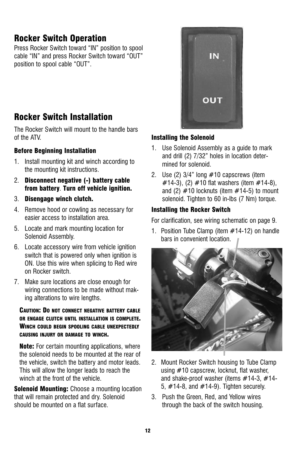 Rocker switch operation, Rocker switch installation | Ramsey Winch ATV-3000 User Manual | Page 12 / 16