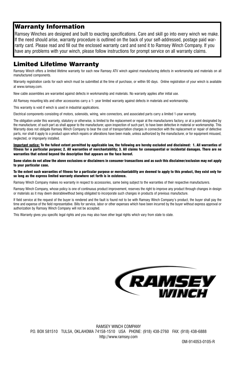 Warranty information, Limited lifetime warranty | Ramsey Winch ATV-3000 User Manual | Page 16 / 16