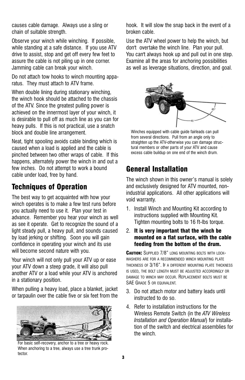 Techniques of operation, General installation | Ramsey Winch ATV-3000 User Manual | Page 3 / 16