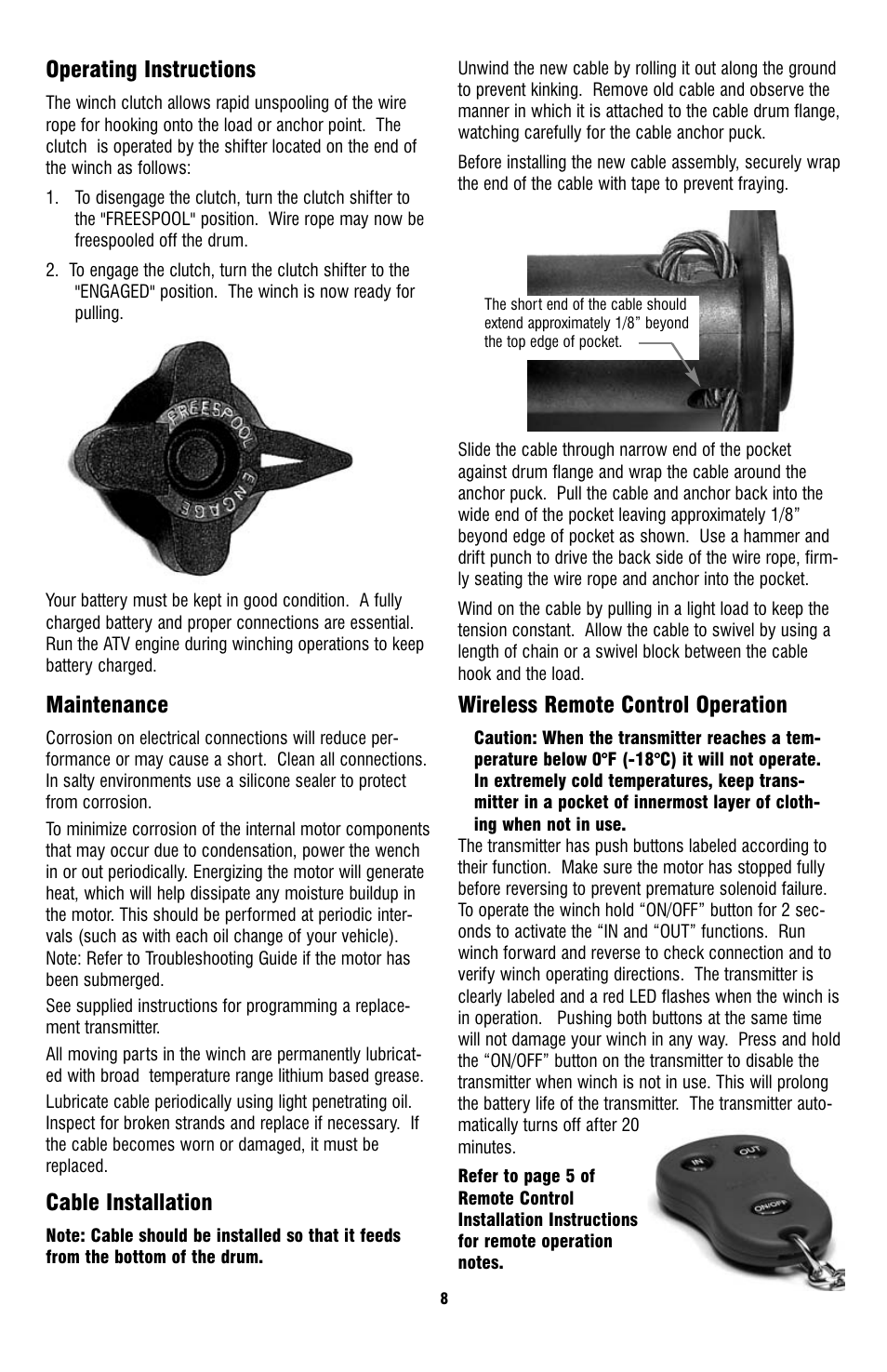 Operating instructions, Maintenance, Cable installation | Wireless remote control operation | Ramsey Winch ATV-3000 User Manual | Page 8 / 16