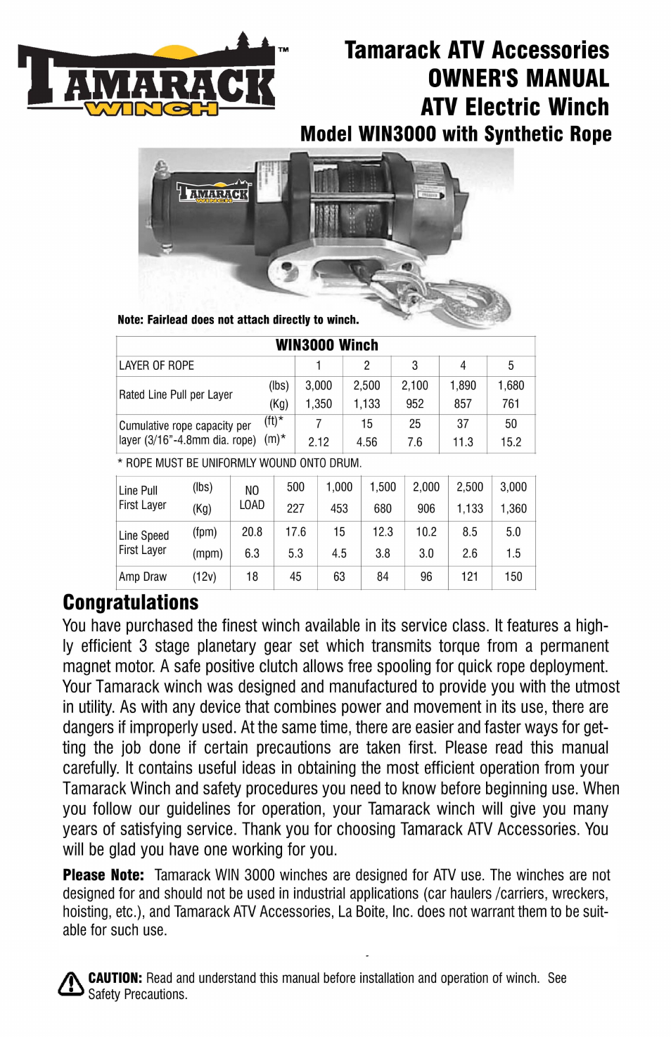 Ramsey Winch ATV-3000 TAMARACK W_SYNTHETIC ROPE User Manual | 12 pages