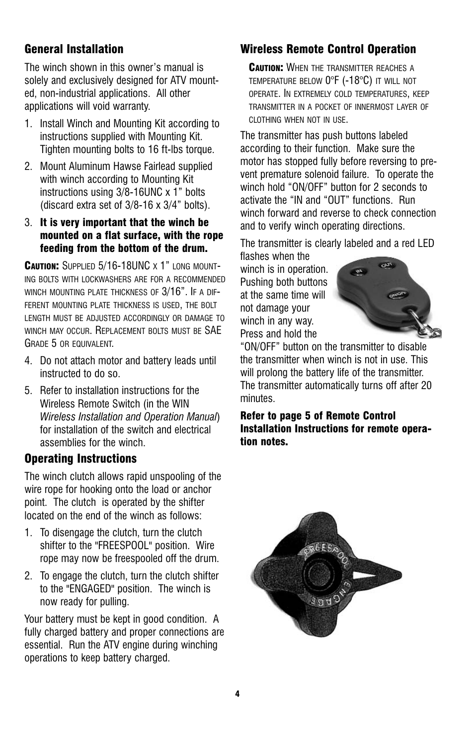 General installation, Operating instructions, Wireless remote control operation | Ramsey Winch ATV-3000 TAMARACK W_SYNTHETIC ROPE User Manual | Page 4 / 12