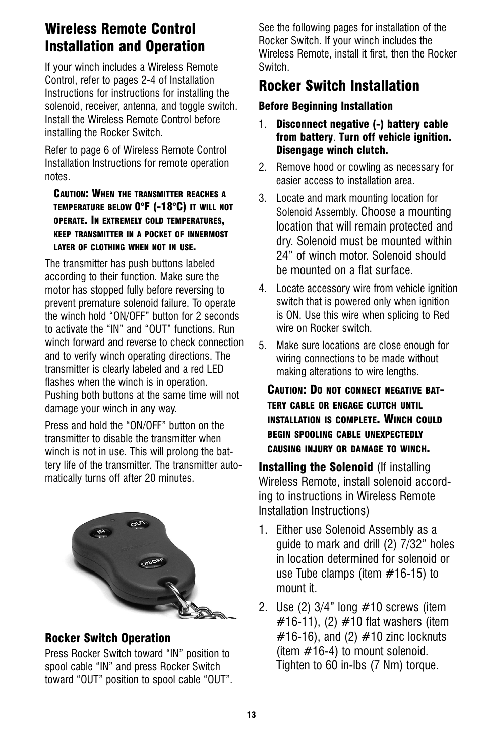 Wireless remote control installation and operation, Rocker switch installation | Ramsey Winch ATV-3000 W_MINI ROCKER SWITCH User Manual | Page 13 / 16