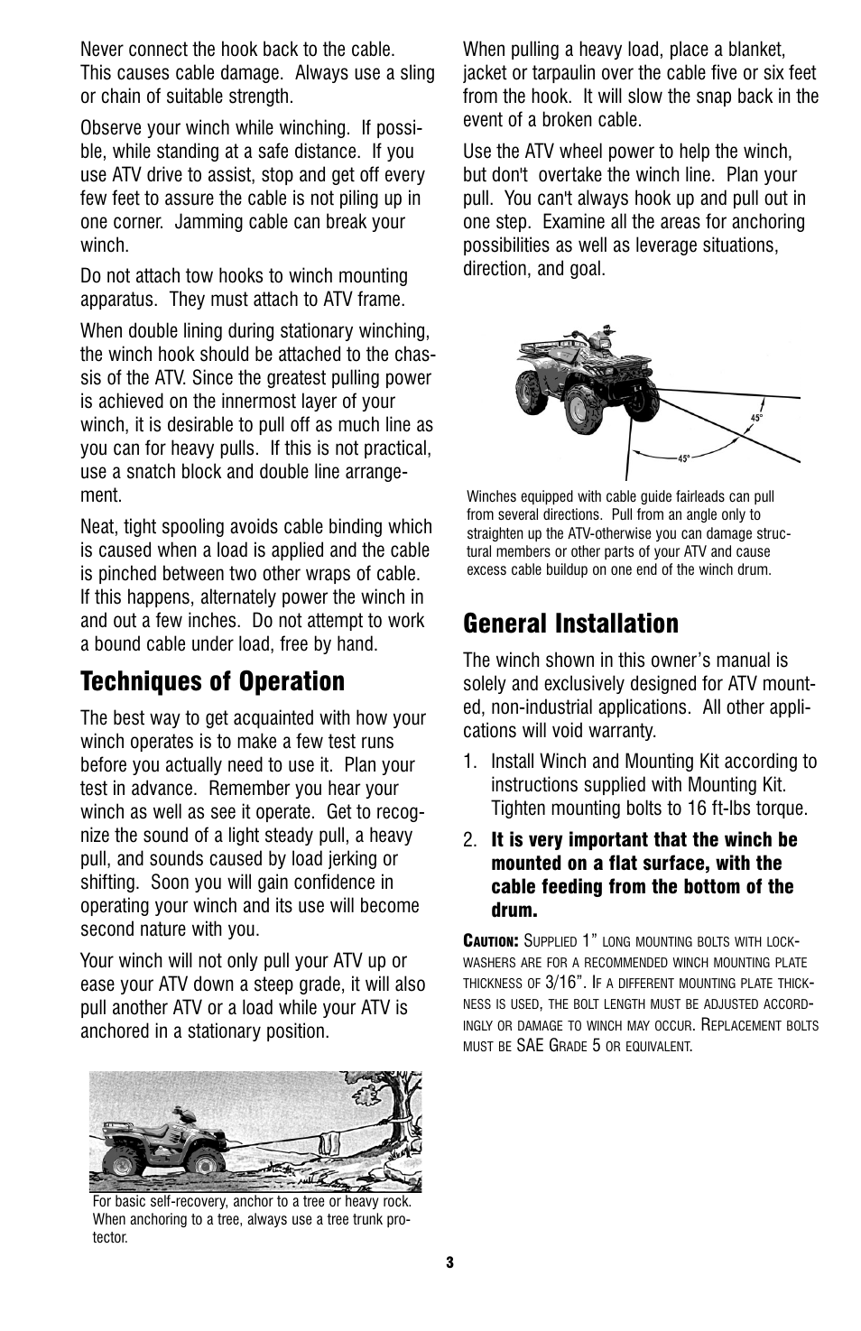 Techniques of operation, General installation | Ramsey Winch ATV-3000 W_MINI ROCKER SWITCH User Manual | Page 3 / 16