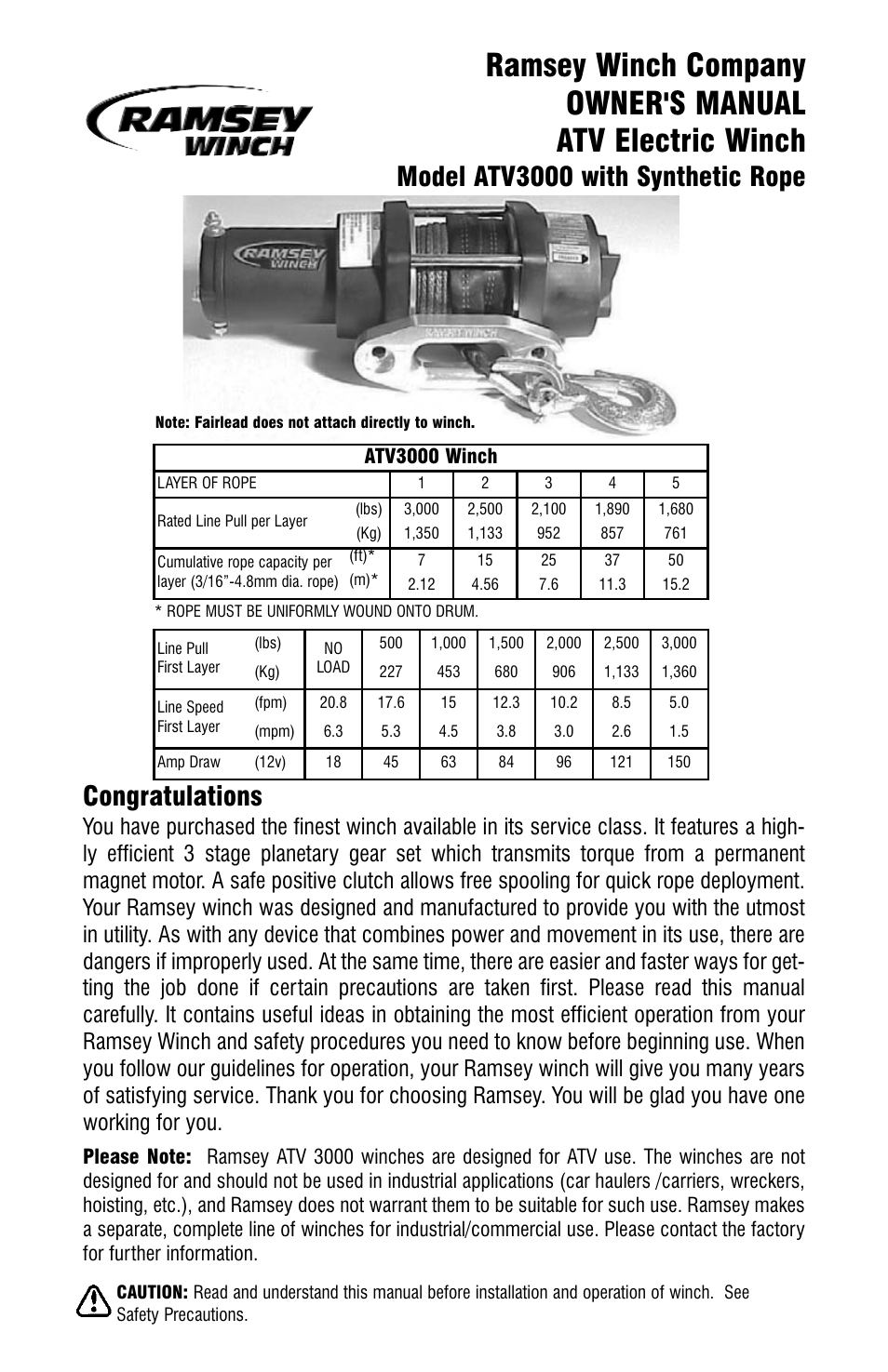 Ramsey Winch ATV-3000 W_SYNTHETIC ROPE User Manual | 12 pages